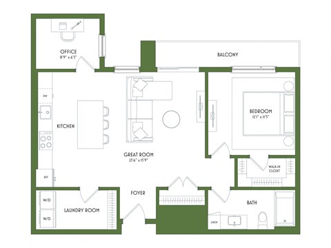 A floor plan of a house with a kitchen, laundry room, office, great room, bath, and balcony.